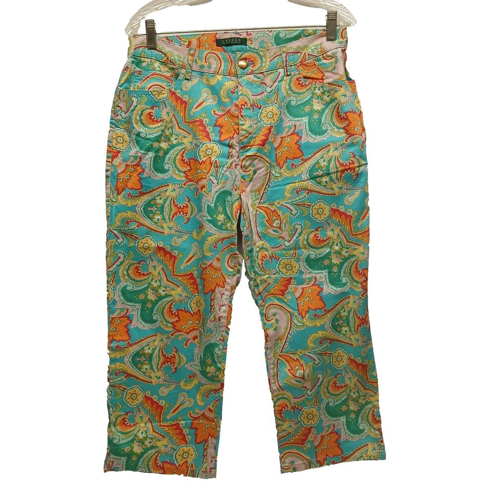 Lauren Ralph Lauren Women’s Teal Pink Orange Paisley Capri Pants Size 10 Stretch